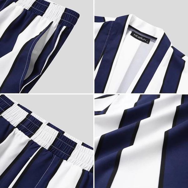 

men's tracksuits summer men striped sets streetwear loose open stitch short sleeve shirt fashion shorts beach breathable casual mens, Gray