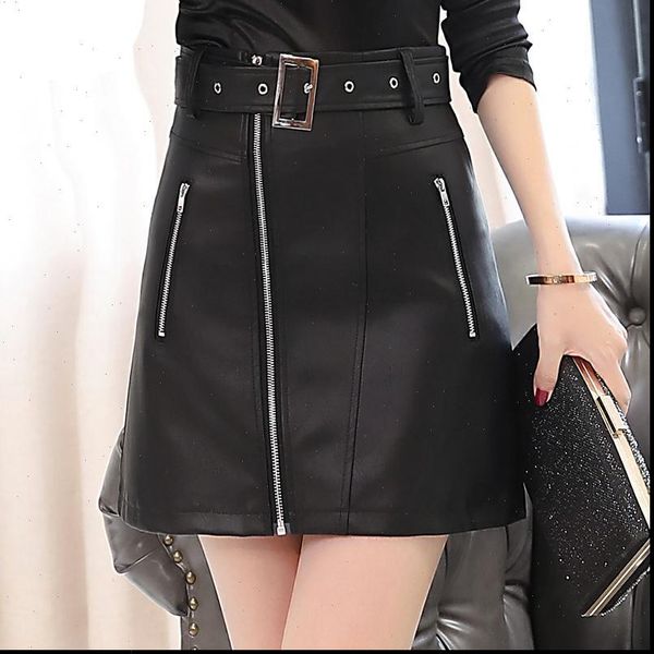 

high waist autumn winter womens skirts mini short black double zipper a line pu leather skirt