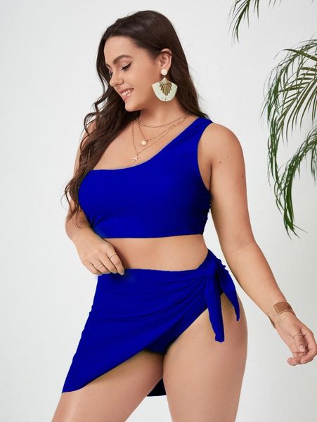 

3pack plus one shoulder bikini swimsuit & beach skirt 757c#, Black