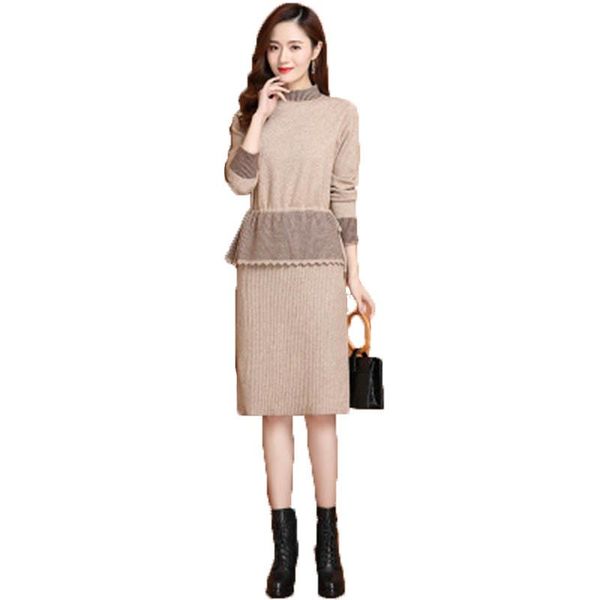 

tricot pullovers dress fall winter ladies slim fake two piece knee-length dresses casual straight ribbed for women party, Black;gray