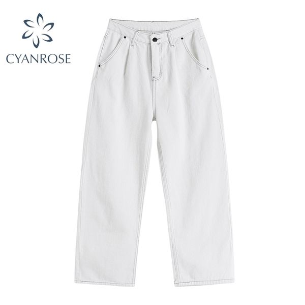 Genähte weiße breite Bein-Denim-Frauen-Hosen Mode Streetwear Harajuku lose gerade Jeans hohe Taille Retro-Ins-Hosen 210515