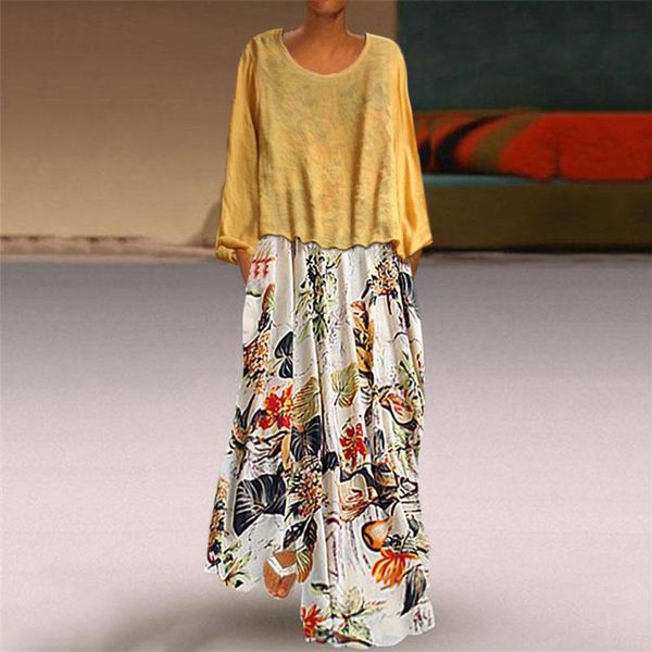 

casual dresses women vintage print patchwork korean dress o-neck two pieces plus size long sleeve harajuku maxi vestidos robe, Black;gray