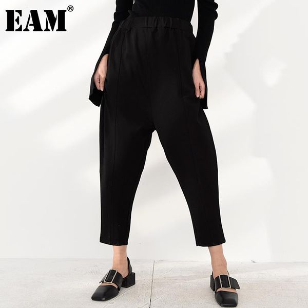 

[eam] high elastic waist black brief leisure harem trousers loose fit pants women fashion tide spring autumn 2021 jk90201 women's & cap, Black;white