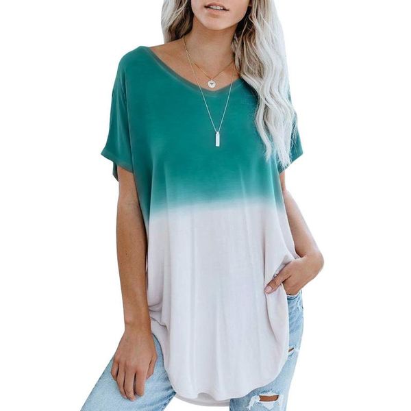 

women's t-shirt gradient color tie-dyed summer tshirt for women streetwear v neck oversize casual long top, White