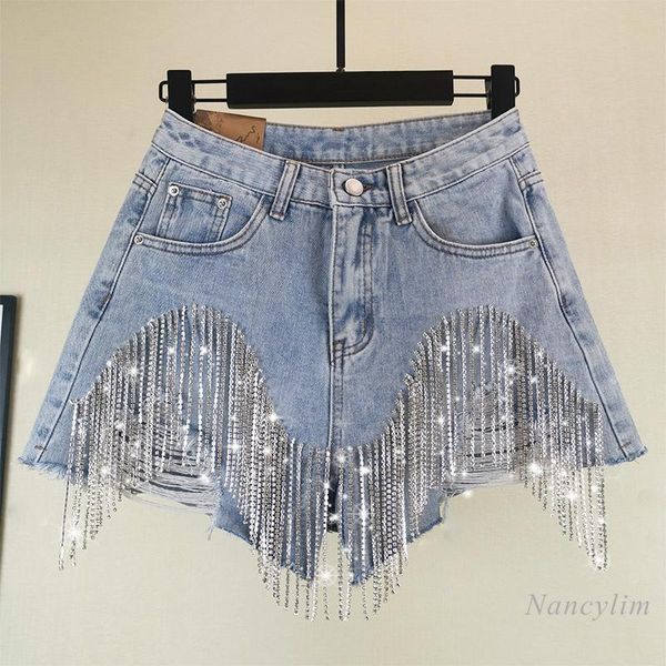

women's jeans ripped shiorts women summer studded rhinestone tassel hole high waist wide-leg short pants blue color nancylim