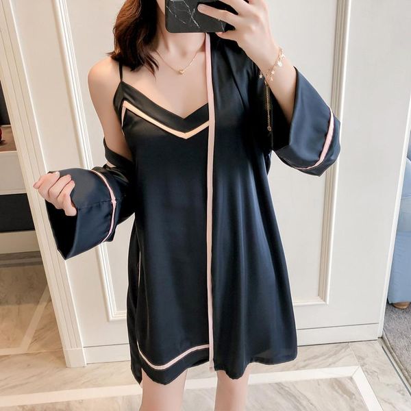 

women's sleepwear 2pcs kimono bath robe gown satin causal lady home clothes black homewear summer intimate lingerie night dress, Black;red