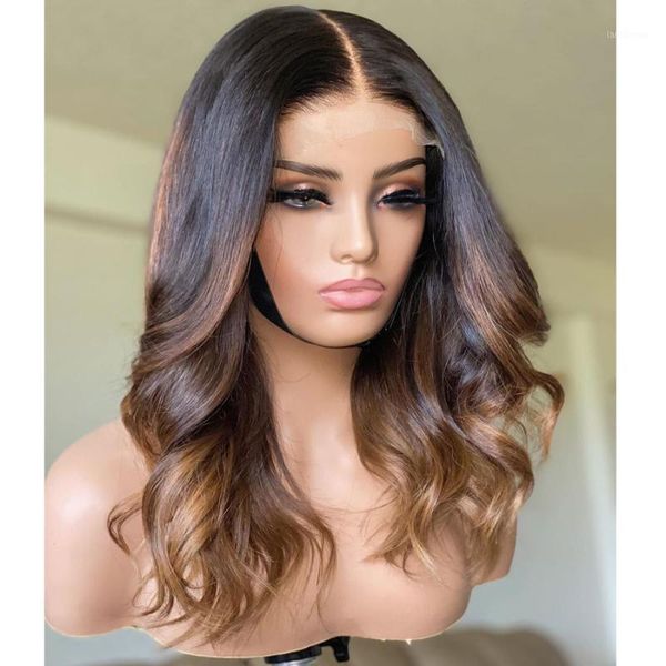 

middle part natural hairline loose wave ombre chocalate brown 100%human hair glueless 13x6 lace front wig with baby can dye wigs1, Black;brown