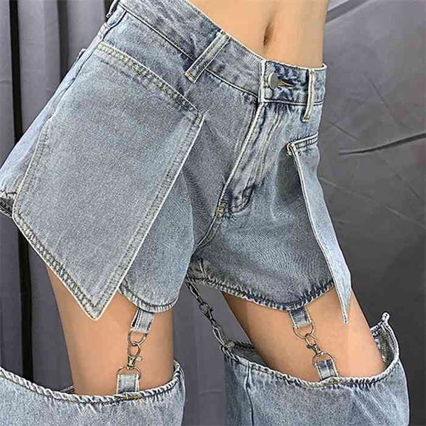 

new hip hop denim jeans women chain pants metal buckle broken cut out trendy trousers split female high waist hippie streetwear, Blue