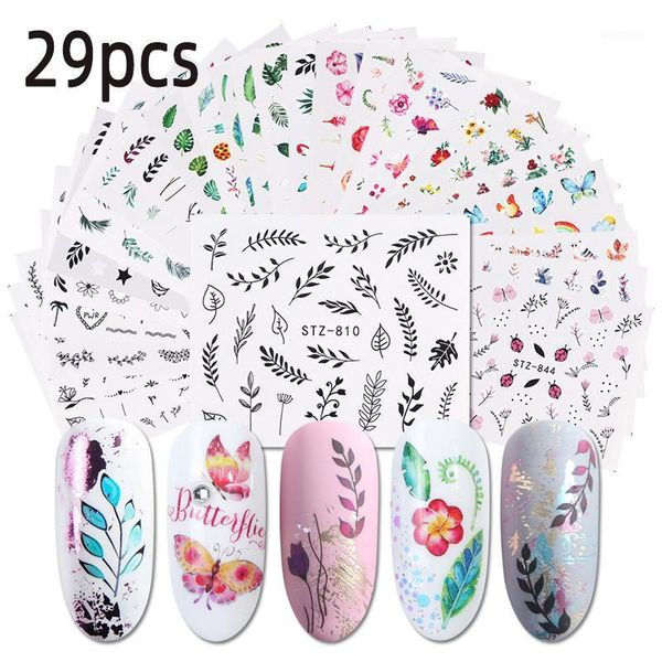

29pcs spring water nail decal and sticker flower leaf tree green simple summer diy slider for manicuring art watermark false nails1, Red;gold
