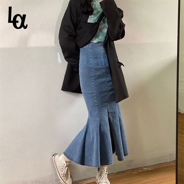 

denim skirt women autumn korean female high waist a-line ruffled split fashion vintage mermaid trumpet s 210519, Black
