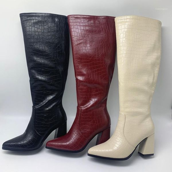 

boots black beige wine red women chunky high heel knee pointed toe ladies woman winter warm shoes1