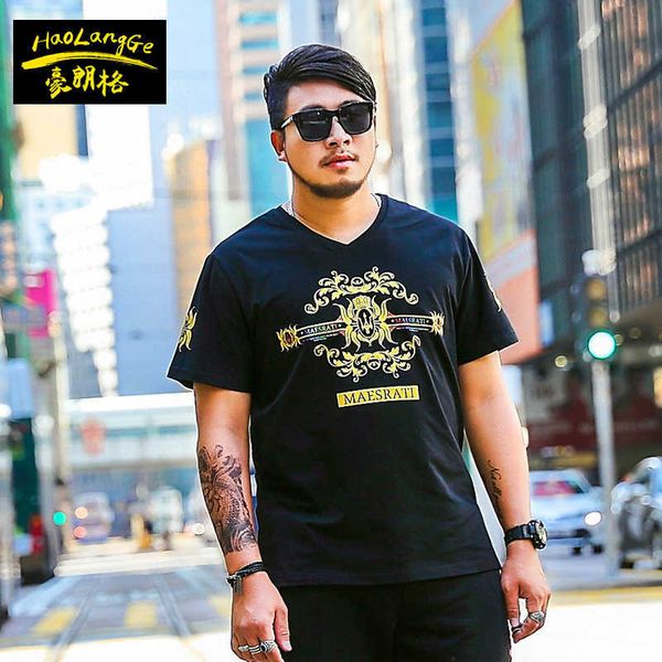 

2018 fashion brand large men's summer fattening short sleeve t-shirt fat loose large v-neck fat man t-shirt, Black;brown