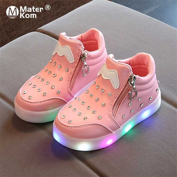 Tamanho 21-30 Luminous LED Sapatos Para Crianças Meninas Rosa Princesa Crianças Sapatilhas Com Luzes Incandescentes Criança Bebê Pequeno 220115