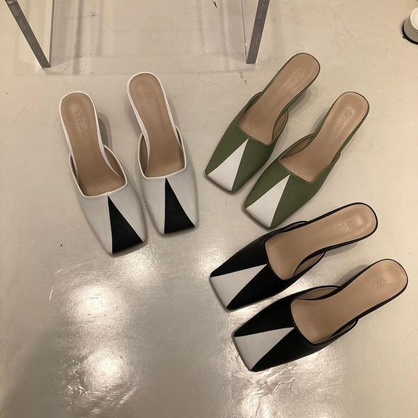 

slippers women square toe high heels sandals slides summer mixed color mules shoes outdoor ladies flip flops fashion, Black