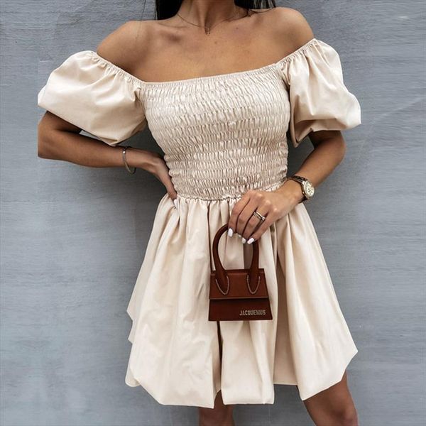 

elegant puff sleeve mini womens dress off shoulder solid party summer sweet lady elastic waist beach dresses vestidos, Black;gray