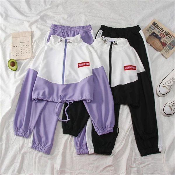 

patchwork zipper short jacket tracksuit womens tracksuits korean outfit casual hip hop long sleeve trouser two piece sets, Gray