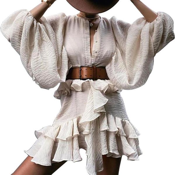 

casual dresses fashion dress with belt women 2021 spring autumn temperament commute lantern sleeve ruffled mini slim female jd1517, Black;gray