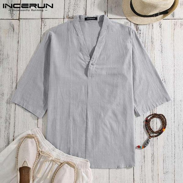 

men casual shirt v neck half sleeve solid color clothing streetwear cotton breathable leisure camisas s-5xl men's shirts, White;black