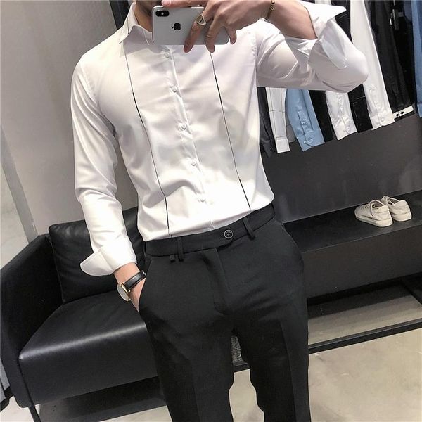 

men's casual shirts spring simple stripe embroidery for men clothes 2021 fashion business formal wear office blouse homme 2colors, White;black