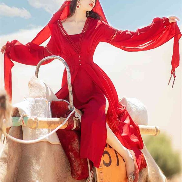 BOHO Desert Maxi vestito per donna rosso a vita alta elegante festa vintage con cappuccio partito abiti da donna manica lunga 210603