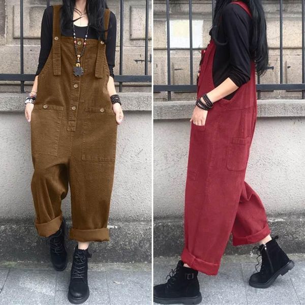 

kaftan women's corduroy jumpsuits zanzea 2021 casual suspender rompers female solid overalls plus size pants spring trousers 5xl &, Black;white