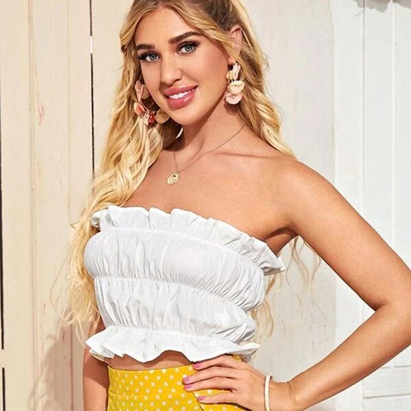 

women's tanks & camis fashionable woman pleated ruffled wrapped chest pullover shirt t-shirt white bohemian beach office clothing