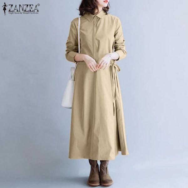 

elegant solid shirt dress women's autumn button sundress zanzea long sleeve maxi vestidos female lapel lace up robe plus size casual dr, Black;gray