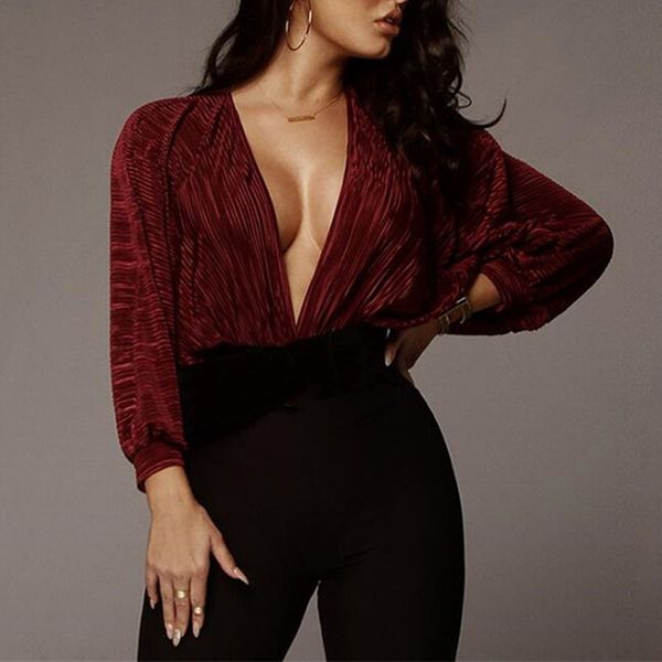 

women's jumpsuits & rompers elegant office lady overall pleated folds plunging v-neck long sleeve bodycon body autumn women bo, Black;white