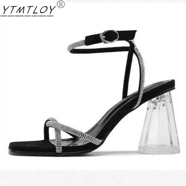 

sandals women's shoes high heels thick open toe 2021 summer fashion patent leather crystal clear pvc6 cm, Black