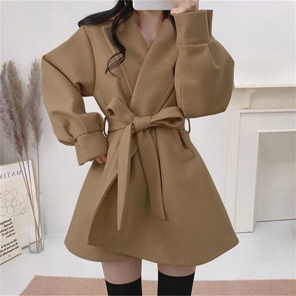 

women's wool & blends xuxi draw back thin coat, women large lapel woolen cloth windbreaker, streetwear long sleeve overcoat, autumn win, Black