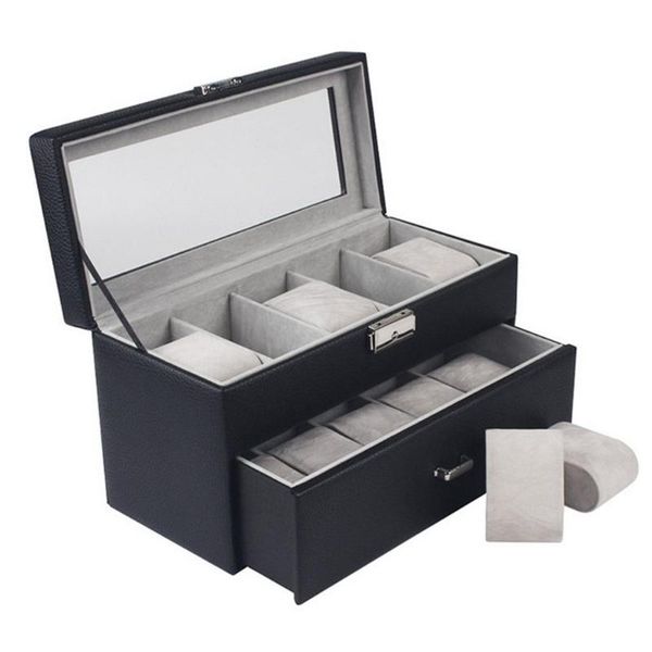 

watch boxes & cases 20 slots 2-tier pu leather box jewelry display drawer organizer with lid, Black;blue