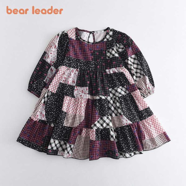 

bear leader girls plaid patchwork costume summer fashion kids girl casual long sleeve dresses children autumn vestidos 3-7 years 210708, Red;yellow