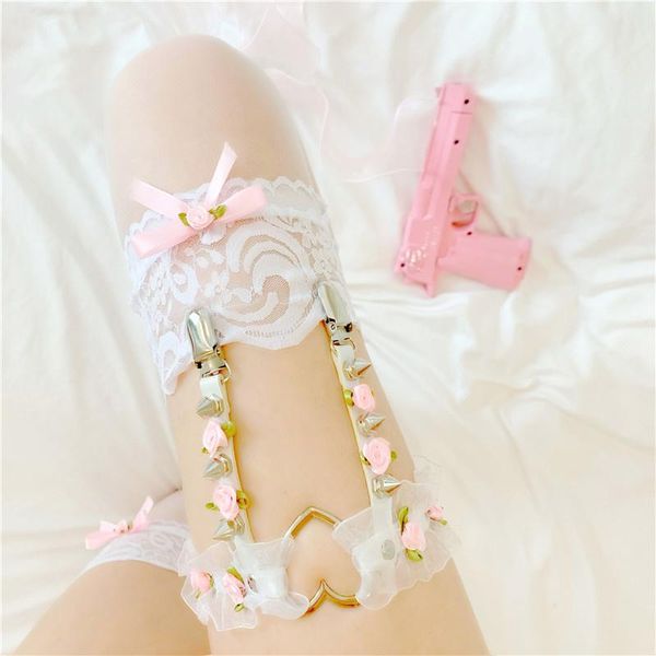 

garters handmade women elastic leather leg ring garter belt punk heart rivet thigh goth harajuku harness, Black;white
