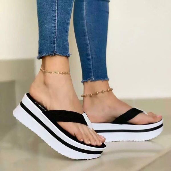 

summer women's flip flops casual non-slip slippers open-toed sandals beach fashion ladies buckle wedge, Black