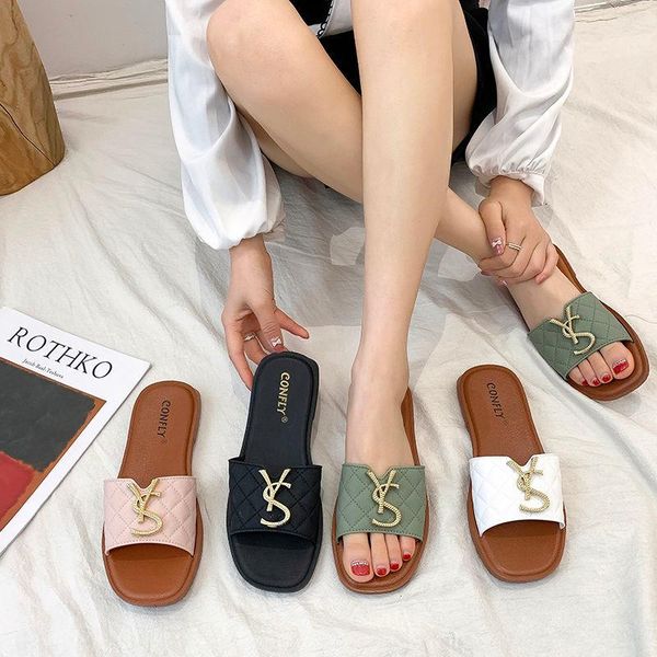 

slippers summer women's sandals letter metal buckle flat women non-slip beach shoes casual ladies, Black