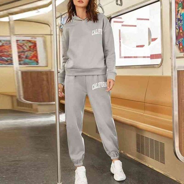

women letter print two piece sets loose full sleeve hooded sweatshirts and jogging long sweatpant suits casual street tracksuits, White