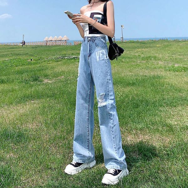 

wide leg pants show thin high waist loose tube letter printed perforated spring and autumn, Blue