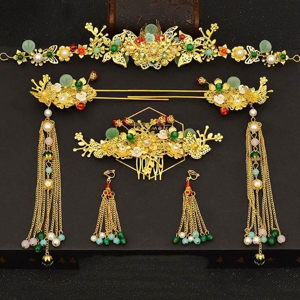 

hair clips & barrettes chinese wedding bride crown headband combs accessories traditional women gold pearl hairpins tassels stick pin, Golden;silver