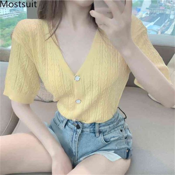 

summer twisted knitted tshirt women short sleeve v-neck single-breasted thin tees vintage fashion elegant ladies t-shirt 210513, White