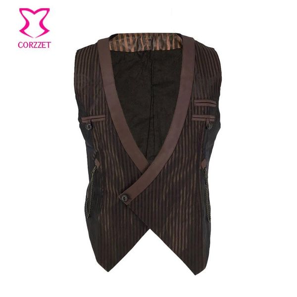 

men's jackets brown striped v-neck jacket steampunk gothic man vest suit sleeveless victorian waistcoat streetwear mens chaqueta hombre, Black;brown