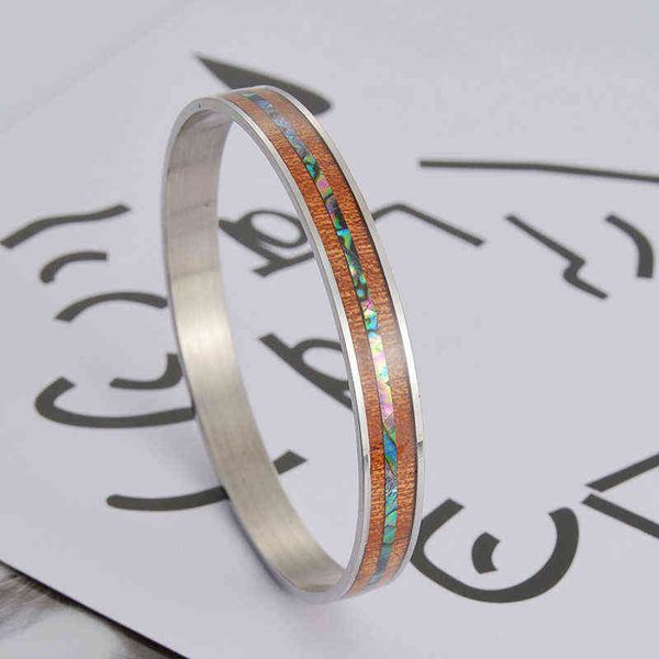 

titanium steel bangle bracelet for women men acacia wood abalone shell couple bracelets fashion jewelry gift pulseras mujer, Black
