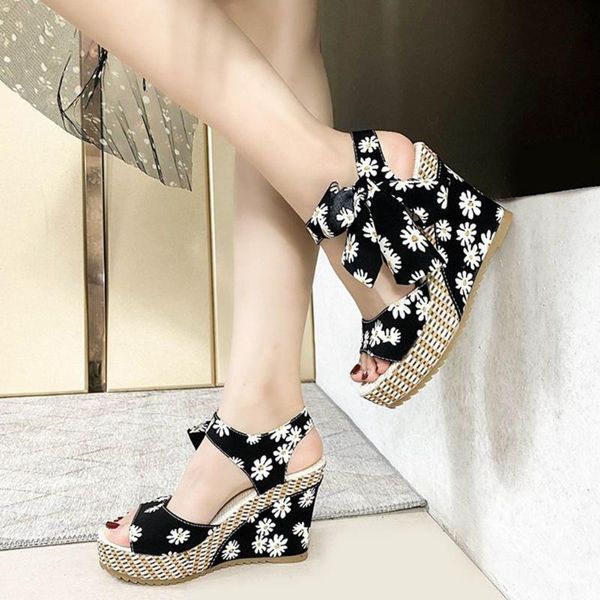 

sandals sorphio 2021 summer wedges ankle strap floral flower elegant roman bohemia womens for woman size 40 high heel shoes, Black