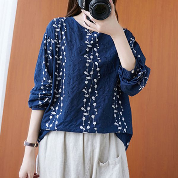 

women's t-shirt spring arts style women long sleeve loose tshirt embroidery vintage cotton linen tee shirt femme o-neck plus, White