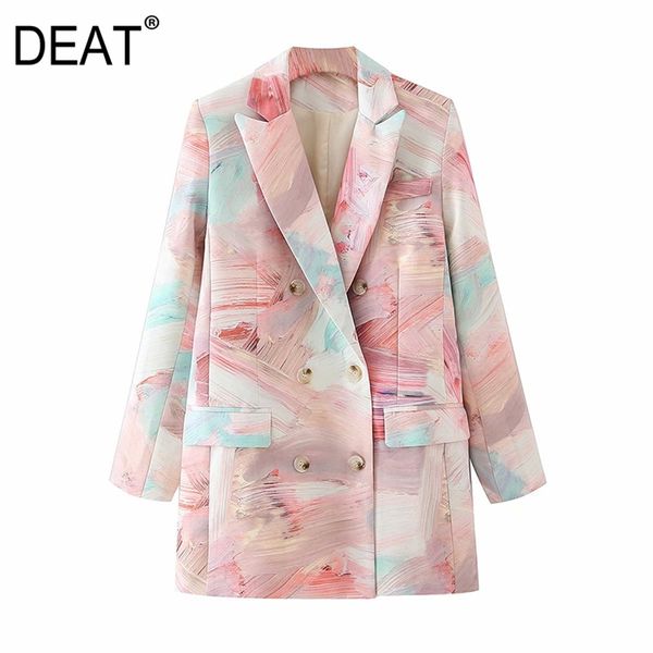 

[deat]women printed mixed color double breasted blazer lapel long sleeve loose jacket fashion spring autumn 1870 210918, Black;brown