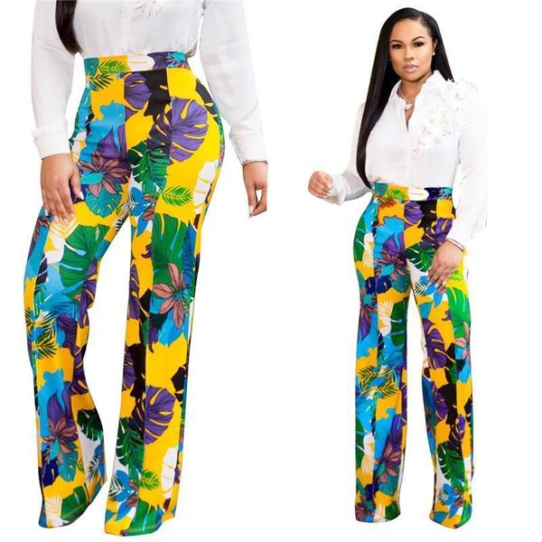 

summer high waist wide leg women pants casual long office beach streetwear elastic floral print loose trousers, Black;white