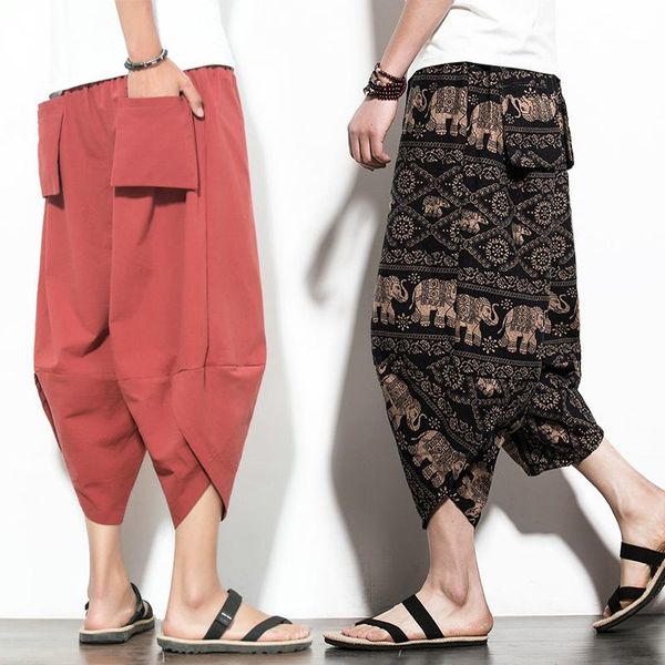 

japanese kimono haori pants asian men yukata ukiyo wave print casual elastic cartoon leisure loose harem trousers sl3904 ethnic clothing, Red