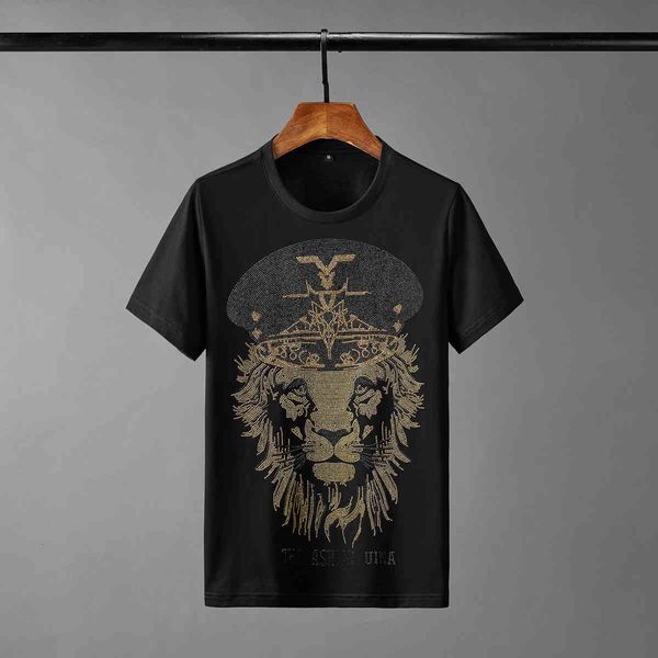 

tee shirt shirt 100% cotton summer mens luxury crown lion short sleeve male plus size 4xl slim fit casual man t-shirts, White;black