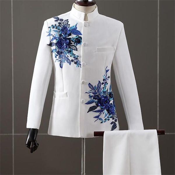 

men's suits & blazers white chinese tunic mens diamond flower sequins stage performance clothing stand collar student host chorus, White;black