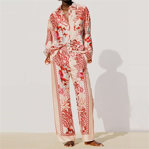 

za women print high street sets fashion loose shirt trousers 2 pieces sets long sleeve blouse pants suits ozz1024 211022, White