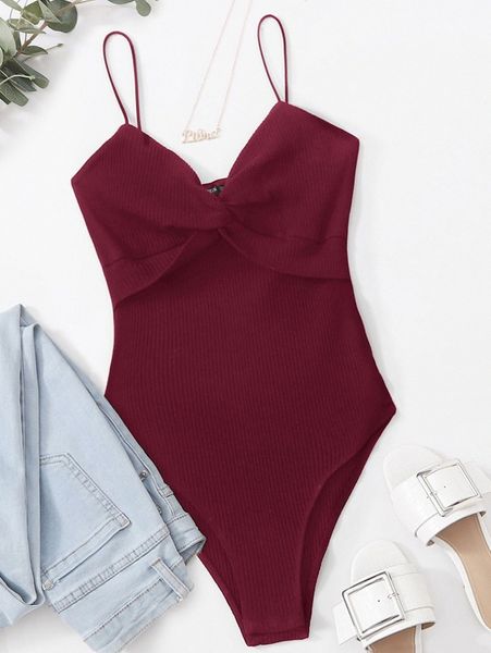 

plus twist front rib-knit cami bodysuit w9w5#, Black